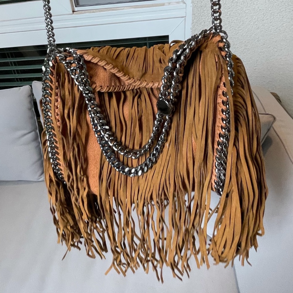 Stella McCartney Falabella Mini Fringe Tan Chain Silver Tan Faux Leather Tote